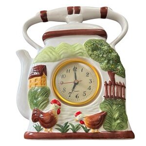 Vintage Mid Century Modern Tea Pot Standing Clock With Farmhouse Pattern - Read